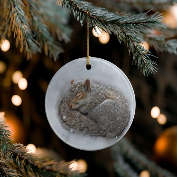 Sleeping Squirrel Ceramic Ornament Woodland Winter Decor Cozy Snow Scene Ornament Forest Animal Christmas Keepsake Gift 2D FLAT CIRCLE Ceramic Ornament