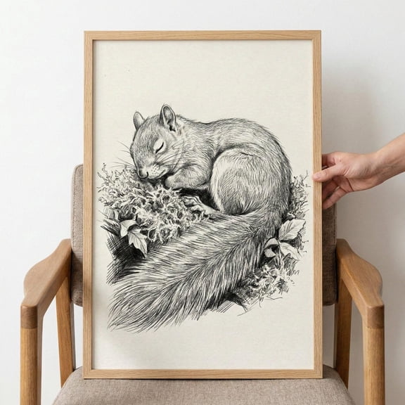 Sleeping Squirrel Detailed Pencil Sketch Wall Art Woodland Animal Drawing Rustic Unframed Paper Print