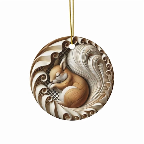 Sleeping Squirrel Ornament Elegant Ceramic Christmas Tree Decoration 2D FLAT CIRCLE Ceramic Ornament