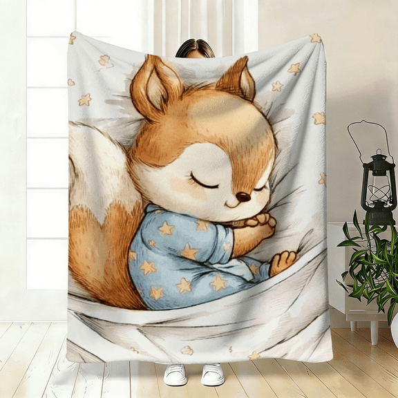 Sleeping Squirrel on Pillow Digital Print Flannel Blanket. Soft and Warm for Sofa, Bed, Travel and Camping.