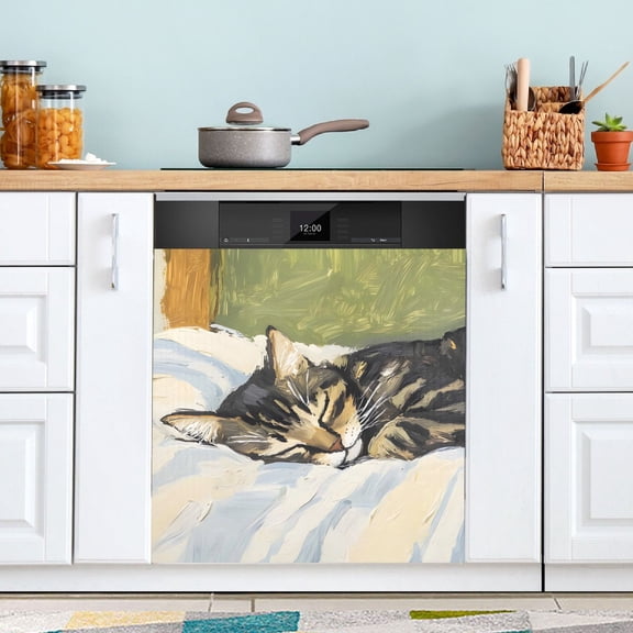 Sleeping Tabby Cat Dishwasher Magnet Cover Reuseable Refrigerator Magnet Cover Decal Kitchen Fridge Microwave Stickers Hoilday Party Decor 23 x 26 inch