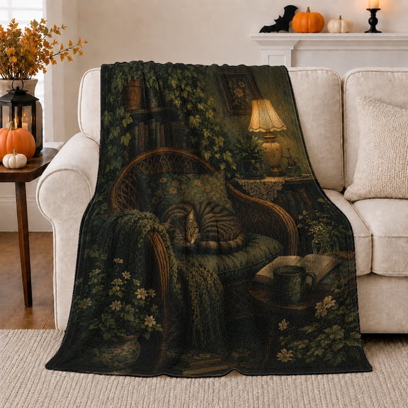 Sleeping Tabby Cat Wicker Armchair Reading Nook, Cozy Pet Portrait Pattern, Warm Flannel Blanket for Living Room and Reading Nook, Cat Lovers Friendship Gift, Pet Lover Home Decor