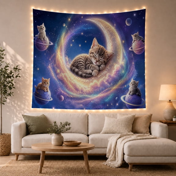 Sleeping Tabby Kitten Within a Golden Crescent Moon, Serene Fantasy for Cat Lovers, Celestial Wall Art, Housewarming Gift, Tapestry Wall Hanging for Bedroom and Dorm