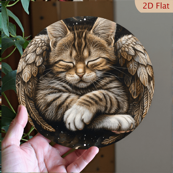 Sleeping Tabby Kitten with Angel Wings Round Aluminum Wall Art, Dreamy Celestial Cat Illustration Home Decor, 8x8 Inch Metal Hanging Decoration