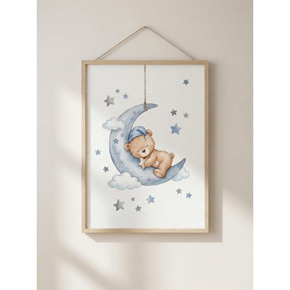 Sleeping Teddy Bear Moon Nursery Wall Decor Poster Print Baby Room Art 8x12 UNFRAMDE
