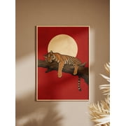 Sleeping Tiger Print, Retro Moon Tiger Wall Art, Bold Red Amber Wildlife Poster, Resting Tiger On Branch Decor, Eclectic Big Cat Art Print Unframed Size 24x36 GooGate