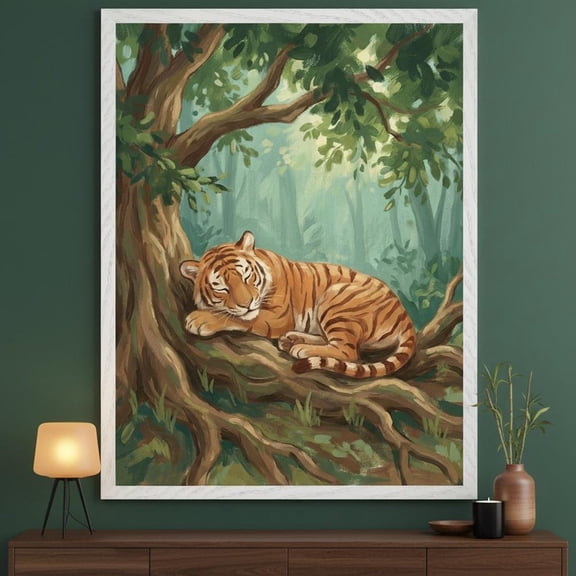 Sleeping Tiger Resting On Tree Roots Wall Art Jungle Nursery Decor Unframed Paper Print