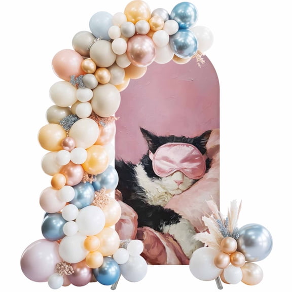 Sleeping Tuxedo Cat Arch Backdrop Cover 4 FT Eye Mask Animals Fluffy Fur Cat Pink Stretchy Elastic Arch Stand Covers Spandex Arched Background Birthday Wedding Party Decoration (No Stand)