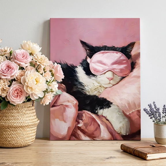 Sleeping Tuxedo Cat Canvas Wall Art Framed Wall Decor for Living Room Bedroom Bathroom, Eye Mask Animals Fluffy Fur Cat Pink Canvas Pictures Ready to Hang Decor, 16"x20"