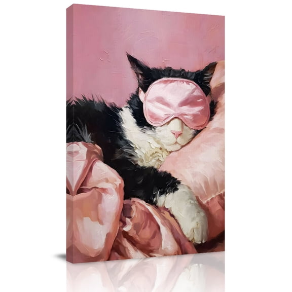 Sleeping Tuxedo Cat Canvas Wall Art for Living Room, Eye Mask Animals Fluffy Fur Cat Pink Wall Decor Framed Artwork Pictures Ready to Hang for Bedroom Office Home Decor
