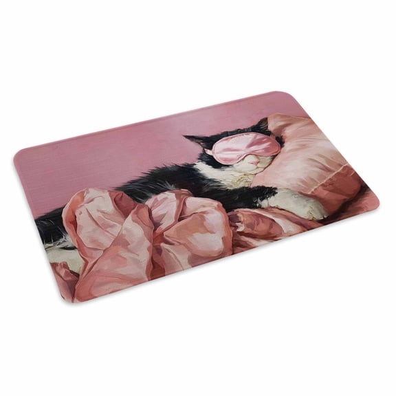 Sleeping Tuxedo Cat Doormat Eye Mask Animals Fluffy Fur Cat Pink Non Slip Low Profile Rubber Door Mat Washable Absorbent Indoor Front Door Mat Entryway Rug Entrance Carpet 24x36 Inch