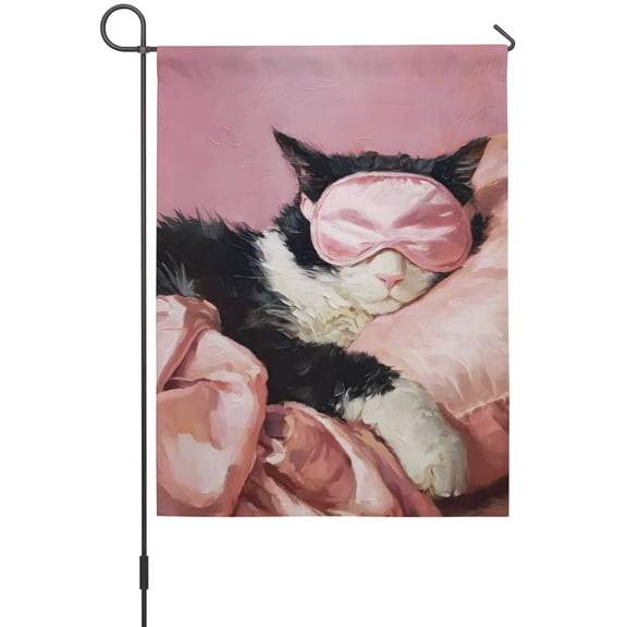 Sleeping Tuxedo Cat Garden Flags For Outdoor, Eye Mask Animals Fluffy Fur Cat Pink Small Double Side Yard Flags Weather Proof Garden Decor for Lawn Outside Holiday 12 x 18 Inches