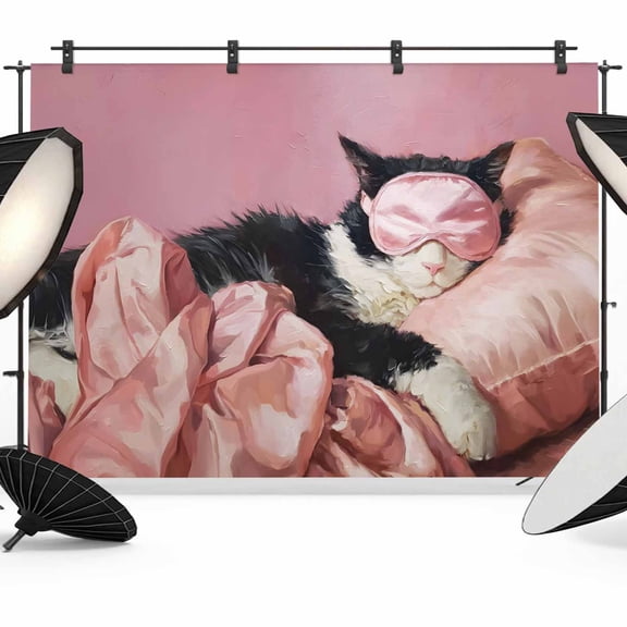 Sleeping Tuxedo Cat Photography Backdrop 8x6FT, Eye Mask Animals Fluffy Fur Cat Pink Photo Backdrops, Background for Photography Studio Photo Studio Background, Back Drop for Photoshoot