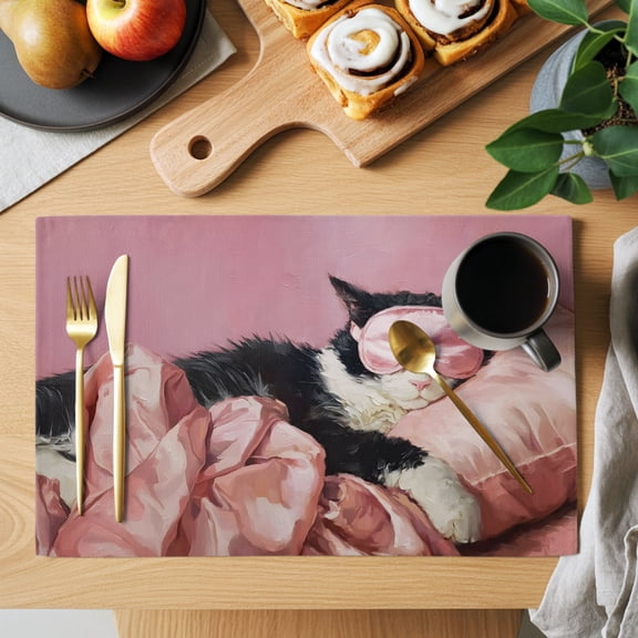 Sleeping Tuxedo Cat Placemats Set of 1, Eye Mask Animals Fluffy Fur Cat Pink Non-Slip Place Mats Washable Table Mats for Kitchen Dining Table Decorations Indoor/Outdoor