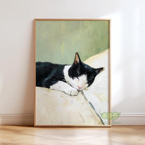 Sleeping Tuxedo Cat Print, Black and White Cat Wall Art, Cozy Cat Painting, Feline Decor Poster Unframed Paper Print