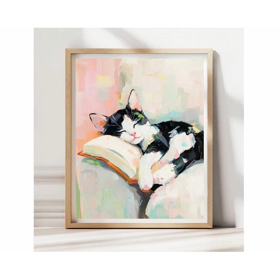 Sleeping Tuxedo Cat Whimsical Book Lover Wall Art Print