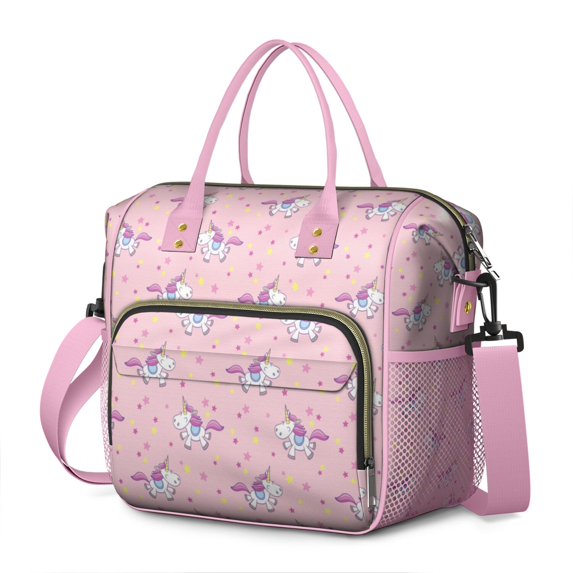 Sleeping Unicorn and Heart-shaped Pattern Lunch Tote, Cute Insulated Lunch Box with Rainbow and Moon Prints, Leakproof Cooler for School or Office