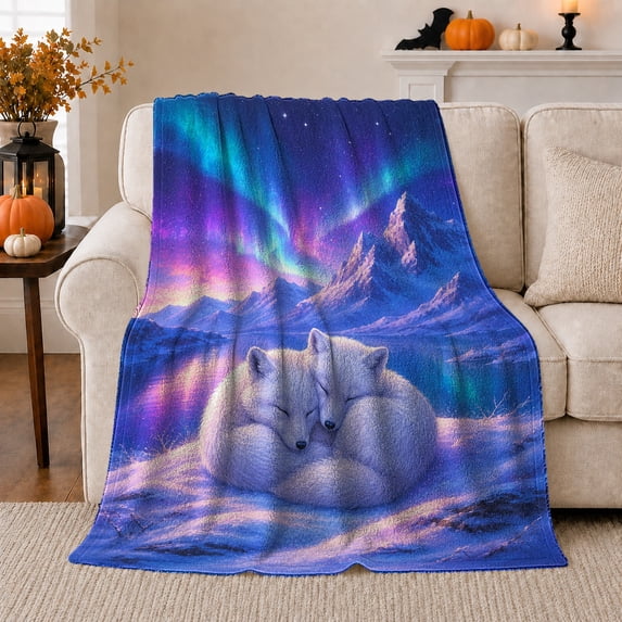 Sleeping White Wolves Under Aurora Borealis Tranquil Celestial, Peaceful Mountain Lake Scene, Warm Flannel Blanket for Cabin and Lodge, Outdoor Lovers Camping Gift, Rustic Home Decor