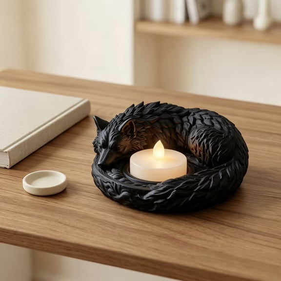 Sleeping Wolf Candle Holder Tea Light Candle Stand Animal Resin Candle Holder Rustic Tabletop Decoration for Living Room Bedroom Bookshelf Fireplace Home Decor Holiday Gift