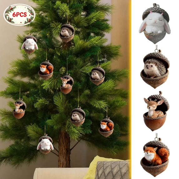 Sleeping Woodland Animal Acorn Hanging Ornament, Fox Rabbit Hedgehog Deer Figure Pendant, Rustic Forest Style Decor, Christmas Tree Accessory, Nature Themed Indoor Outdoor Display Decoration