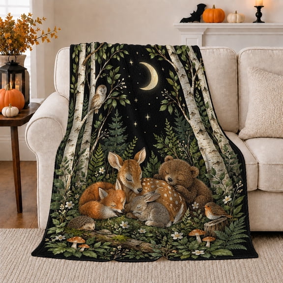 Sleeping Woodland Animals Tranquil Forest, Festive Holiday Scene, Warm Flannel Blanket for Cabin and Lodge with Detailed Artwork, Art Lovers Christmas Gift, Festive Home Decor