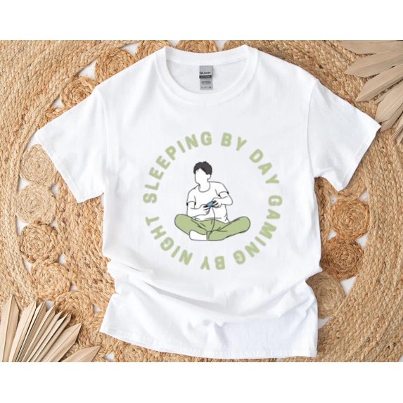 Sleeping by Day Gaming by Night T-Shirt with Fun Gamer Lifestyle Quote, for men & women, up to size 5XL