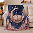 thumbnail image 1 of Sleeping cat crescent moon stars navy Flannel Blanket for bedroom reading nook living room celestial nursery Home Decor dreamy pampas grass crystal art Gift for cat lovers, 1 of 9