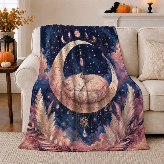 Sleeping cat crescent moon stars navy Flannel Blanket for bedroom reading nook living room celestial nursery Home Decor dreamy pampas grass crystal art Gift for cat lovers