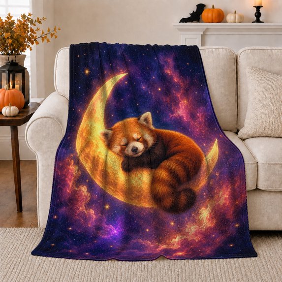 Sleeping red panda crescent galaxy Flannel Blanket for bedroom reading nook living room nursery Home Decor glowing dreamy cosmic animal art Gift for wildlife lovers
