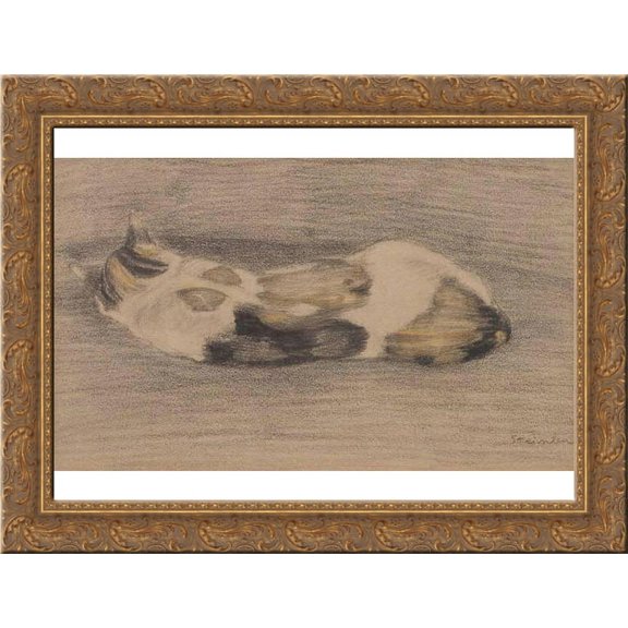 Sleeping tricolor cate 24x18 Gold Ornate Wood Framed Canvas Art by Theophile Steinlen