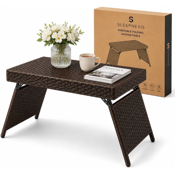 Sleepnexis Portable Folding Wicker Patio Side Table, Weather Resistant Outdoor Coffee End Table with Steel Frame for Garden, Balcony, Camping & RV