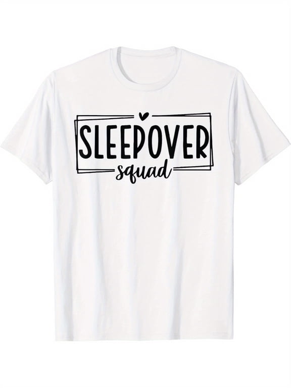 Sleepover Squad Graphic Print T-Shirt - 100% Cotton 220gsm Crew Neck Short Sleeve Tee for Women's Birthday Slumber Party & Girls Trip - Soft Breathable Casual Matching Outfit, Casual Wear