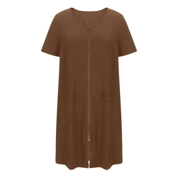 Sleepshirts Plus Size New Women Zipper Front House Coat Short Sleeves Robe Bathrobes Lightweight Knee Length Short House Dress Brown L
