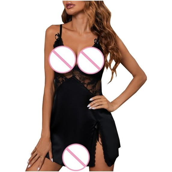 Sleepshirts Plus Size New Women's Plus Size Satin Lace V Neck Chemise Split Slit Nightgown Nightdress Sleepwear Black 3XL