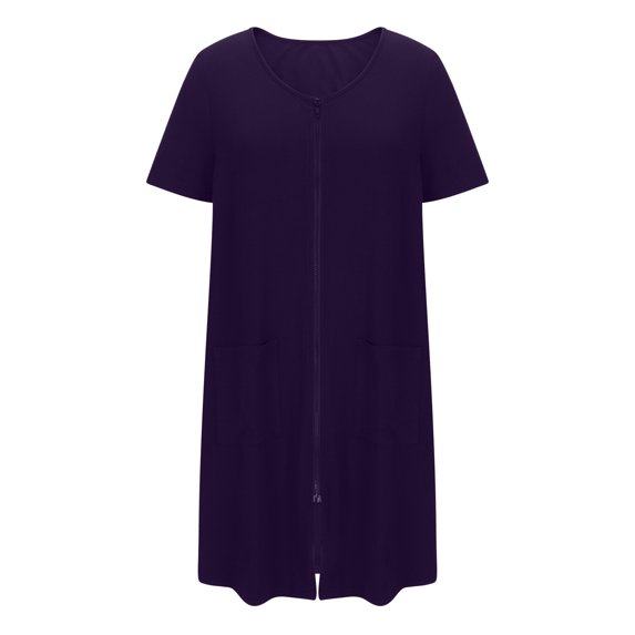 Sleepshirts for Women Soft Cotton on Clearance Women Zipper Front House Coat Short Sleeves Robe Bathrobes Lightweight Knee Length Short House Dress New Purple S