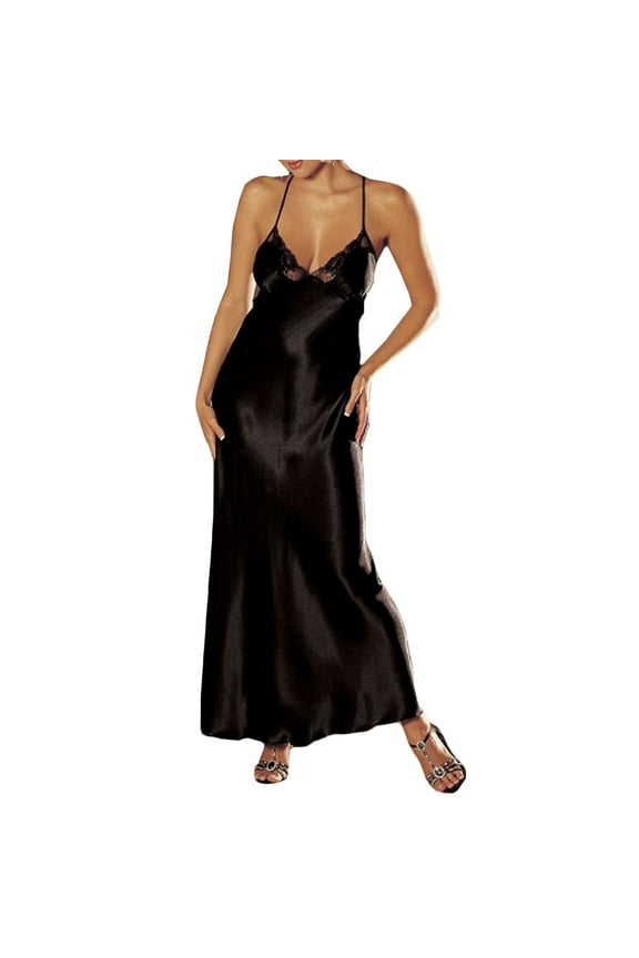 Sleepwear Dress for Women Womens Satin Long Nightgown Lace V-Neck Silk Sleepwear Slip Dress Spaghetti Strap Racerback Nightdress Cotton Pajamas for Women Black M
