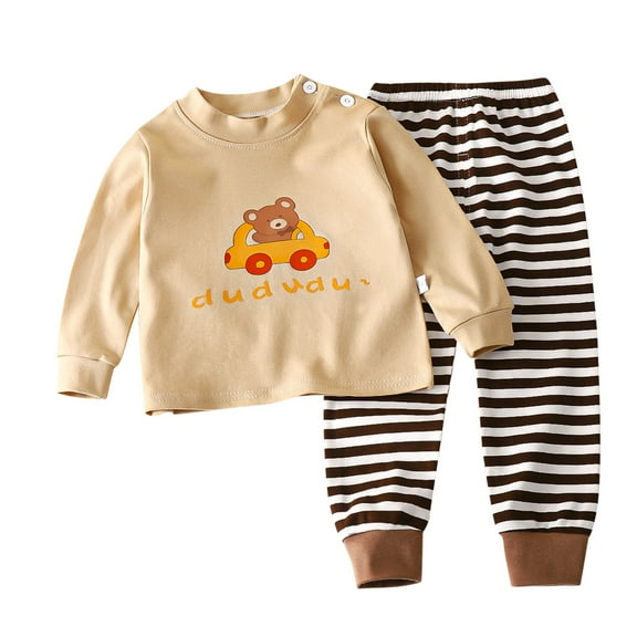 Sleepwear Girls Toddler 3T 2 Piece 100% Cotton Cozy Pajamas Set Cute Print Long Sleeve Button Top and Joggers Pants, Khaki, 9 Months