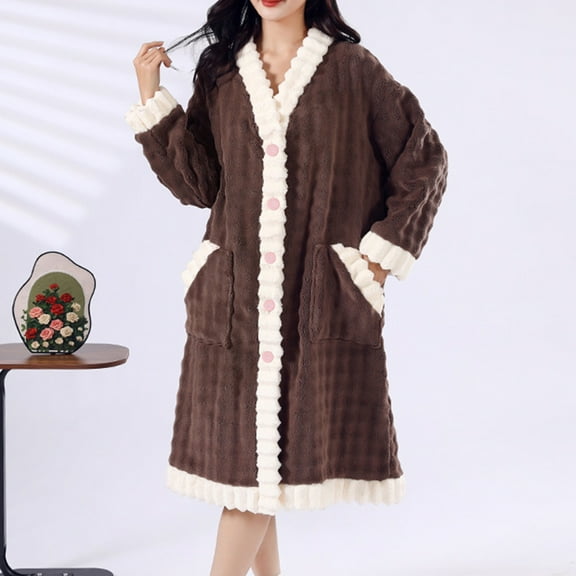 Sleepwear Pajama Dress , Women's Thickened Fleece Plaid Drying Absorbent Bandage Hooded Bathrobe Robes Style B-7 New Women's Nightgowns Brown One Size