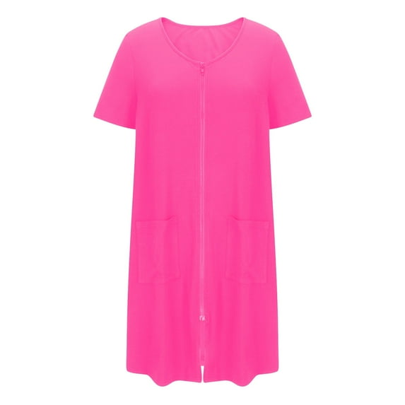 Sleepwear Pajama Dress New Women Zipper Front House Coat Short Sleeves Robe Bathrobes Lightweight Knee Length Short House Dress Pinky L