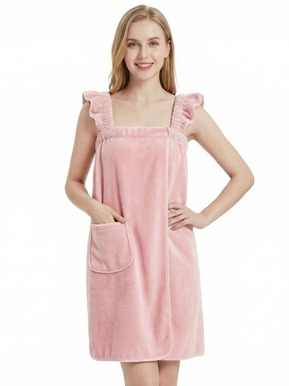 Ruffled Straps Towel Wrap - Absorbent & Quick Dry Towel Robe for Women(Light Pink,S/M)