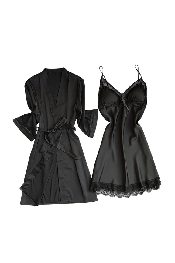 Sleepwear Sets for Women with Robe Lace V-Neck Camisole 2 Piece Outfit Sets Wedding Party Long Sleeve Silk Bride Robe with Belt Nightgown