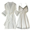 thumbnail image 1 of Sleepwear Sets for Women with Robe Lace V-Neck Camisole 2 Piece Outfit Wedding Party Long Sleeve Silk Bride Belt Nightgown, 1 of 3