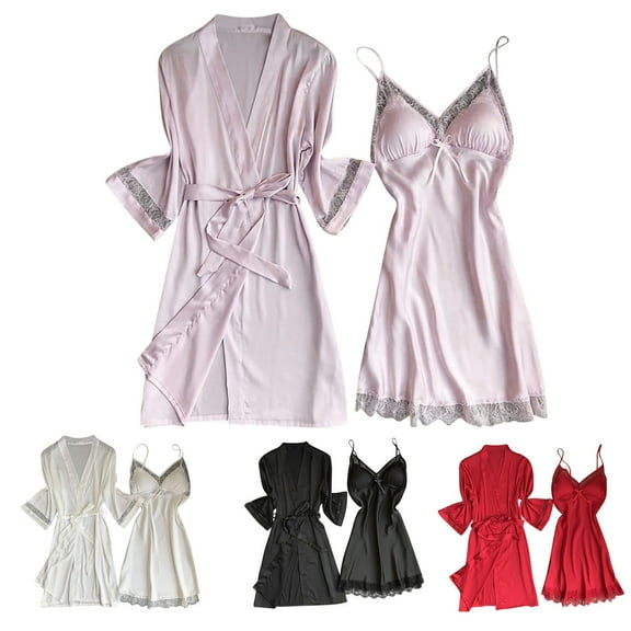 Sleepwear Sets for Women with Robe Lace V-Neck Camisole 2 Piece Outfit Sets Wedding Party Long Sleeve Silk Bride Robe with Belt Nightgown