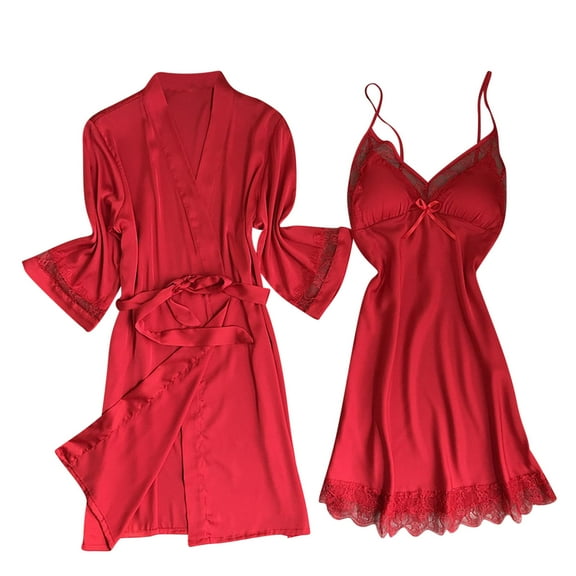 Sleepwear Sets for Women with Robe Lace V-Neck Camisole 2 Piece Outfit Sets Wedding Party Long Sleeve Silk Bride Robe with Belt Nightgown