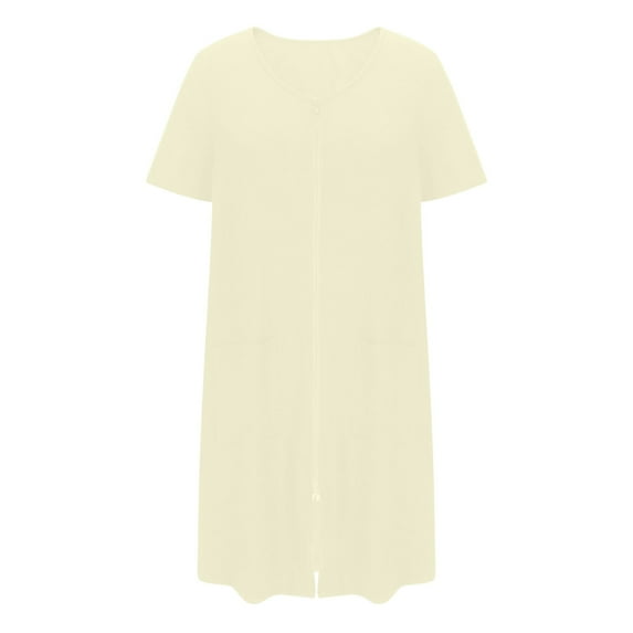 Sleepwear for Women Plus Size New Women Zipper Front House Coat Short Sleeves Robe Bathrobes Lightweight Knee Length Short House Dress Beige XL
