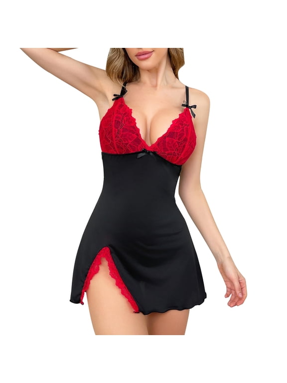 Sleepwear for Women Sexy Sexy High Split Side Trim Floral Lace Dress Lingerie Nightgown Babydoll Set 2 Piece
