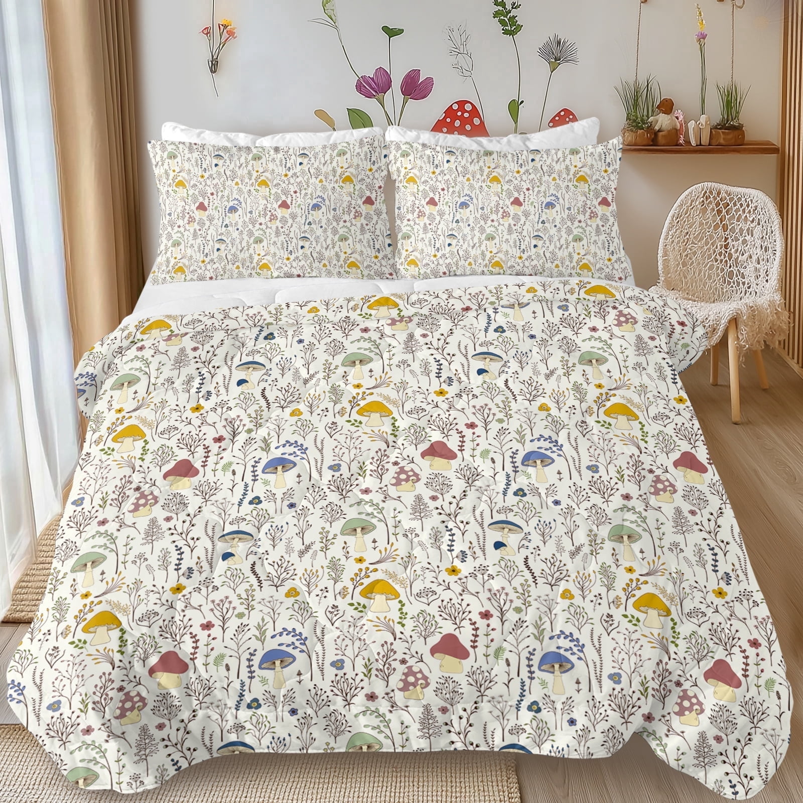 Sleepwish Kids Comforter Set, 3-Piece Mushroom Pastoral Bedding Sets for Girls Twin