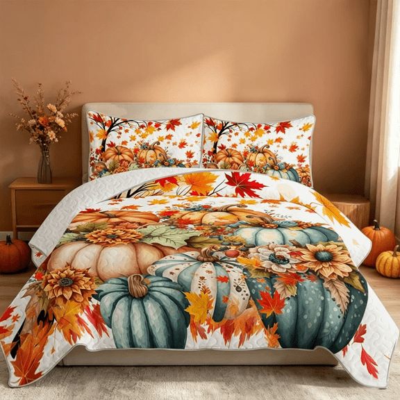 Sleepwish 3 Pieces Quilt Set, Colorful Pumpkin Fall Leaves Flower Bedding Set Lightweight Bedspreads Bed Cover