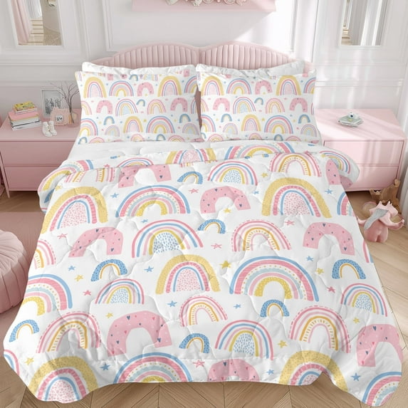 Sleepwish Kids Comforter Set, 3-Piece Pink Rainbow Bedding Sets for Girls Full