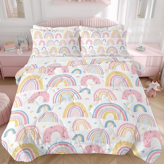 Sleepwish Kids Comforter Set, 3-Piece Pink Rainbow Bedding Sets for Girls Full